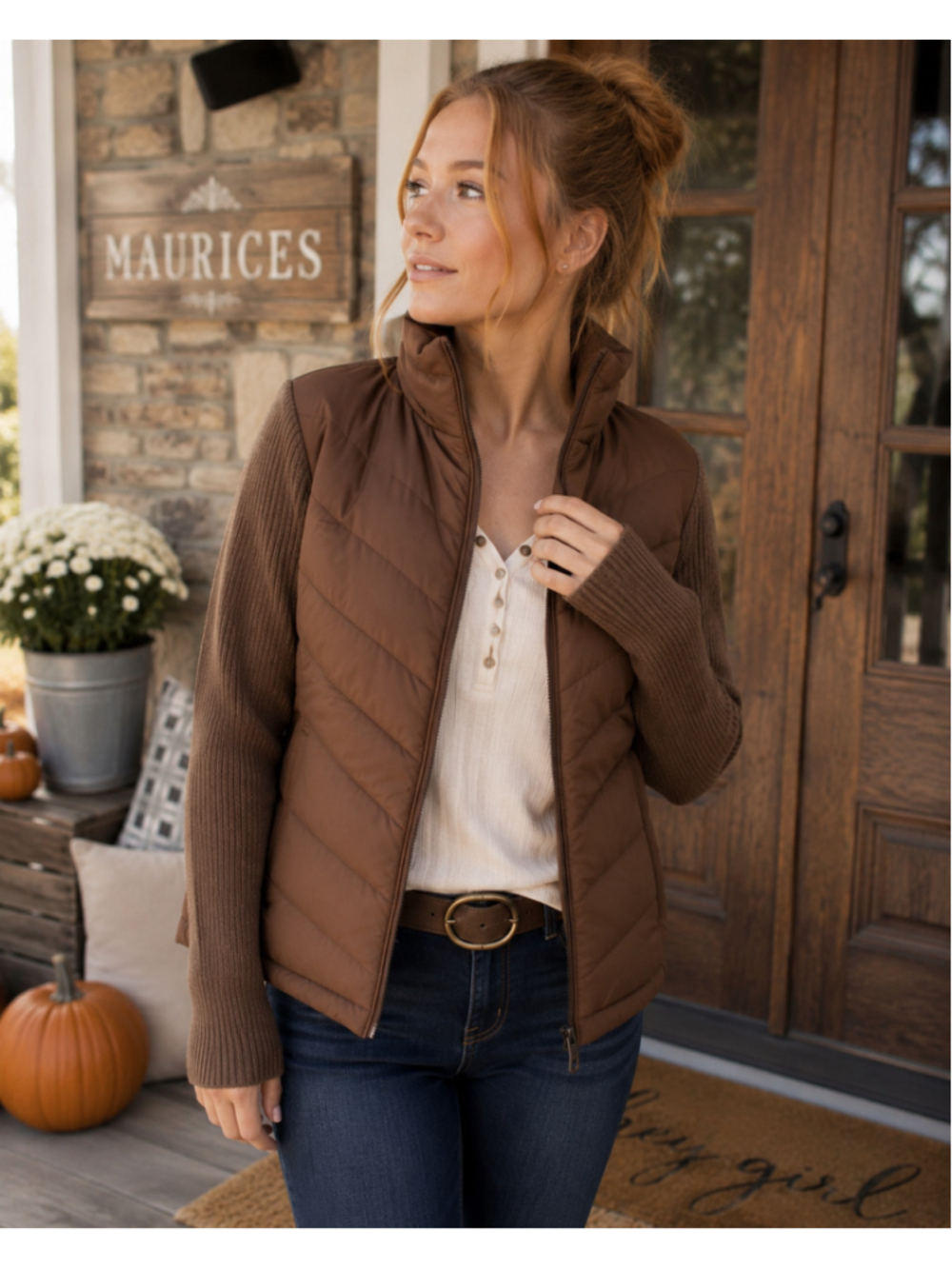 Maurices Brown Quilted Puffer Vest with Knit Sleeves